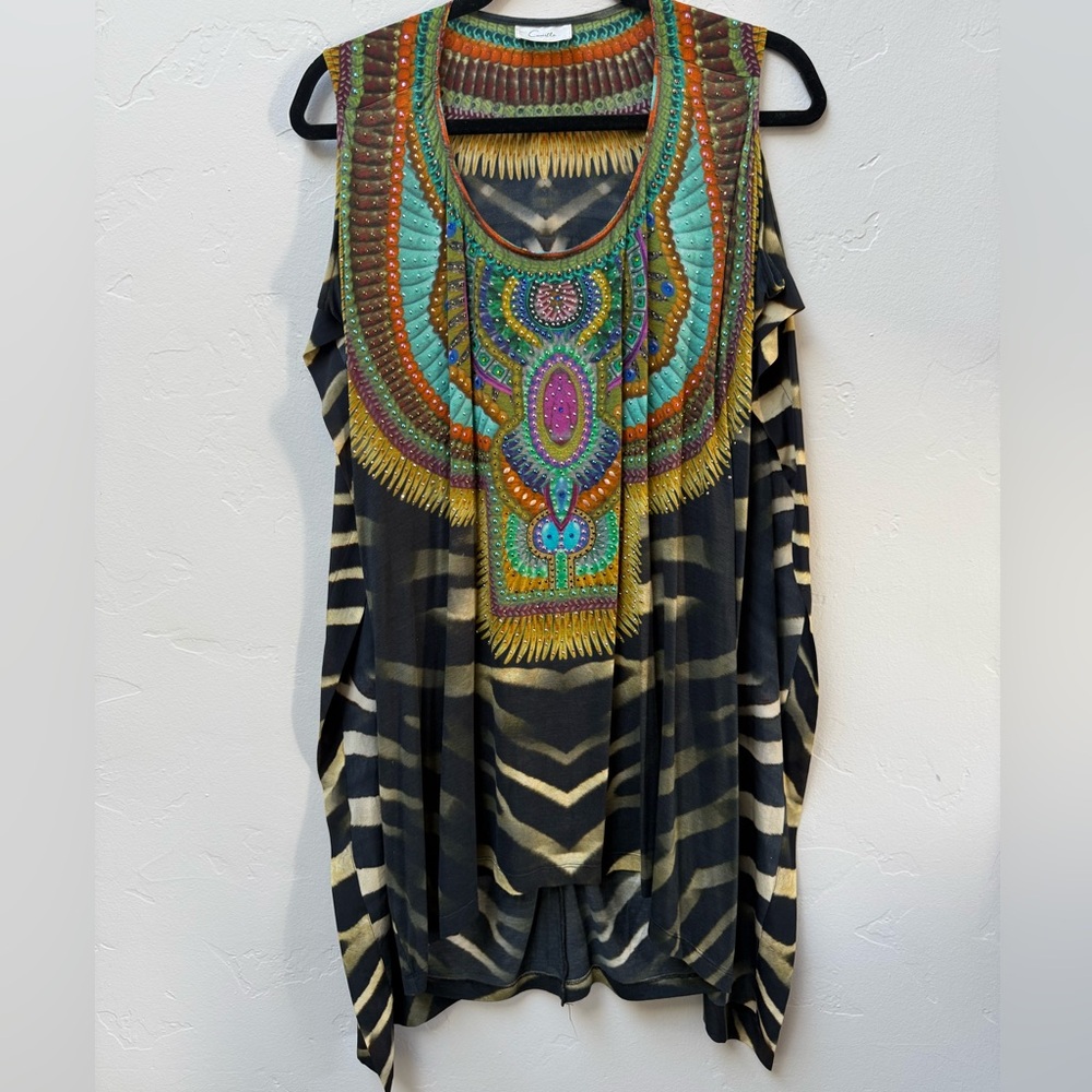 Camilla  Embellished Leopard Sleeveless Tunic Top Black Teal & Gold Accent Beads